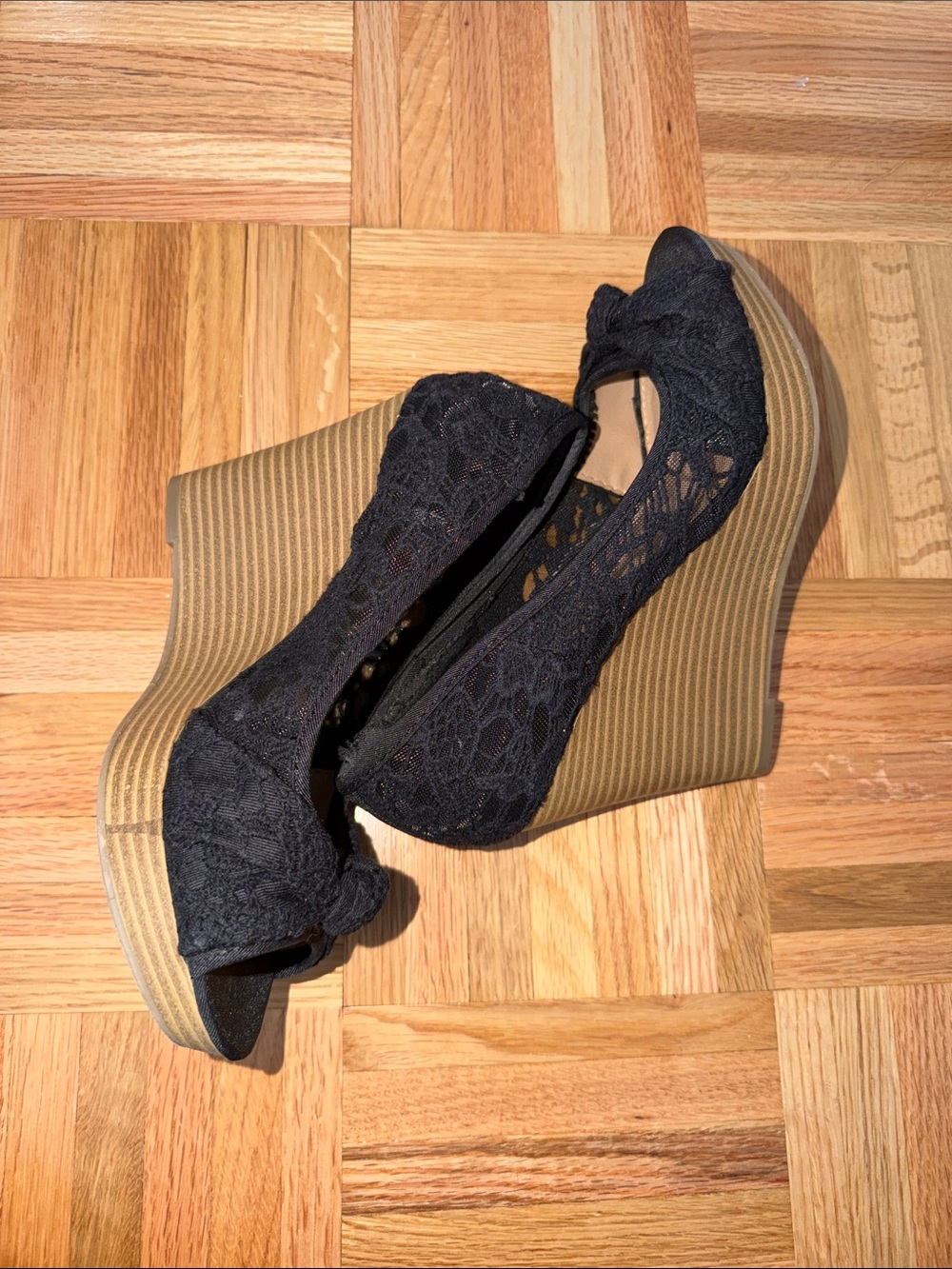 American Eagle By Payless Black Lace Peep-Toe Wedge Heels